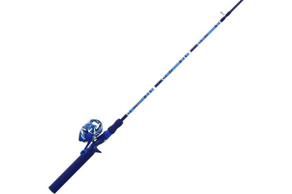 Blue camouflage fishing rod and spincast reel combo angled right.