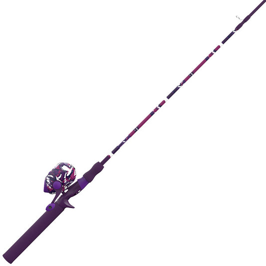 Angled purple spincast fishing rod and reel combo with patterned design.