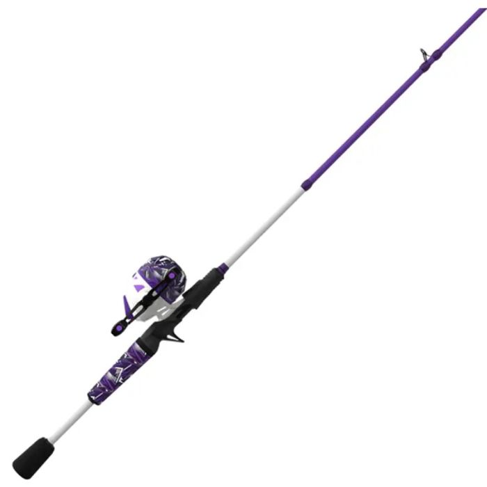 Purple and white fishing rod and reel combo with a camouflage pattern.