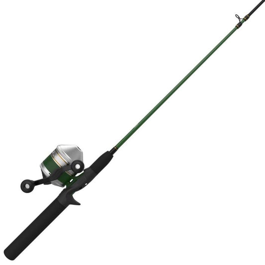 Green fishing rod and silver reel with black handle, angled diagonally.