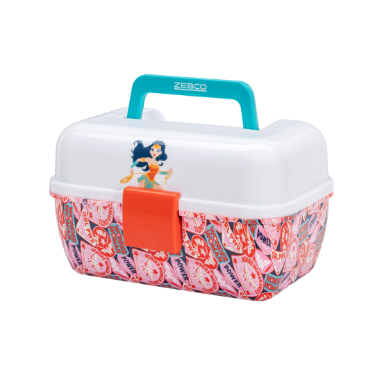 White Zebco Wonder Woman tackle box with teal handle and colorful pattern.