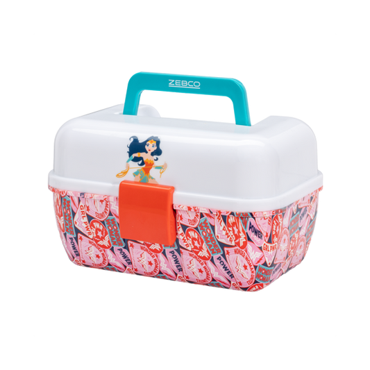 White Zebco Wonder Woman tackle box with teal handle and colorful pattern.