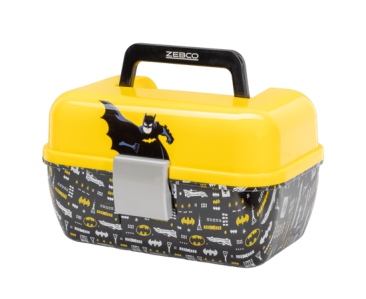 Yellow and black Zebco Batman tackle box with a front silver latch.