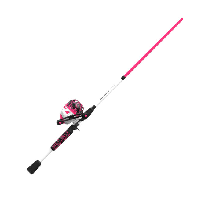 Bright pink and black patterned spincast fishing rod and reel combo.