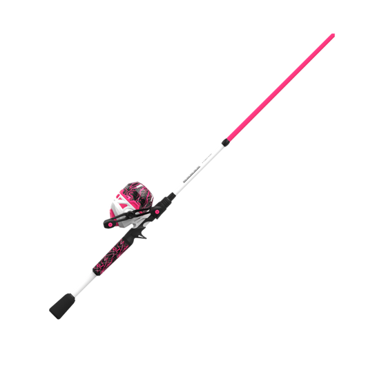 Bright pink and black patterned spincast fishing rod and reel combo.