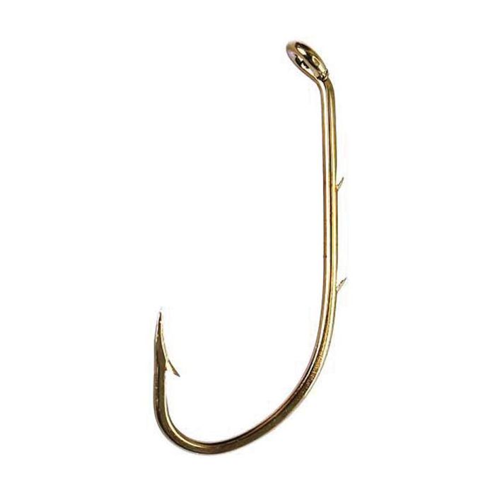 A single golden metal fishing hook with barbs and a down eye.