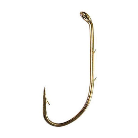 A single golden metal fishing hook with barbs and a down eye.