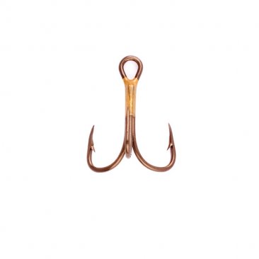 Bronze treble fishing hook with three curved points and a single eyelet.