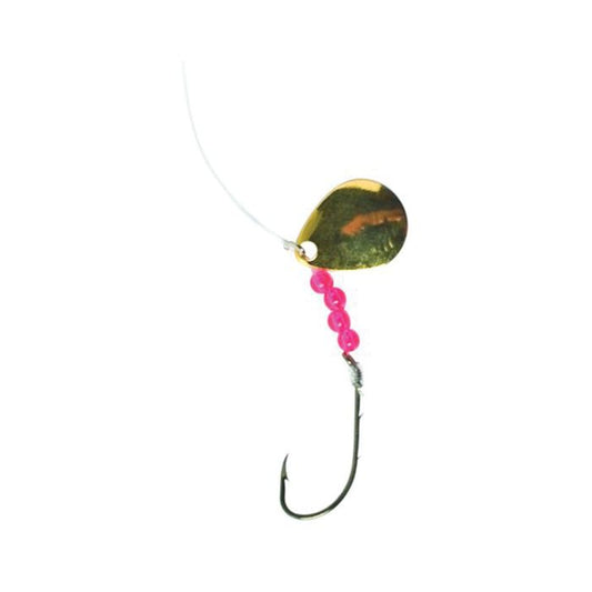 Fishing lure with a shiny gold spinner, pink beads, and a silver hook.
