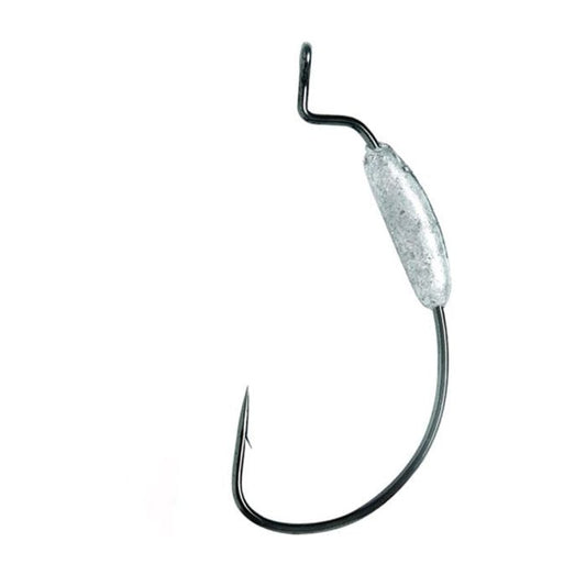 A dark, curved fishing hook with an elongated lead weight on a white background.