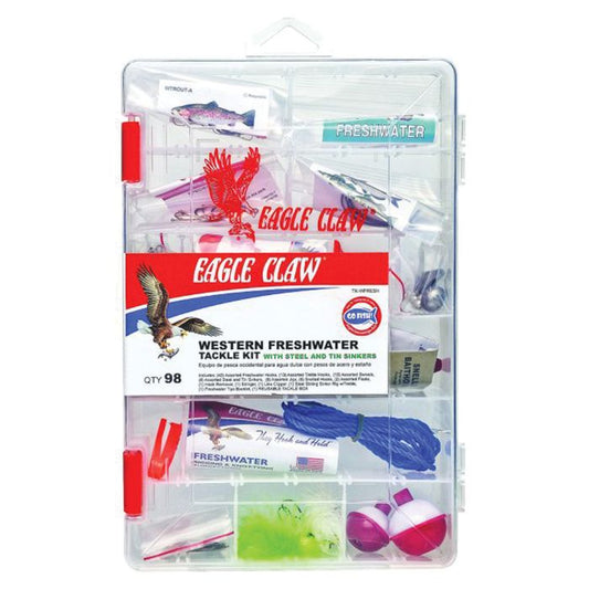 Clear plastic Eagle Claw freshwater tackle kit with 98 pieces.