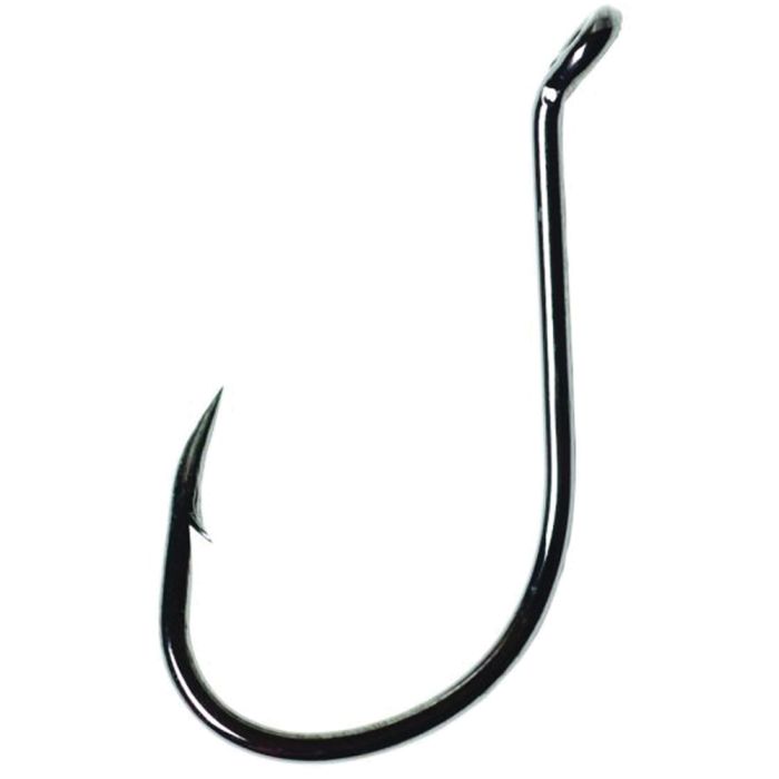 Shiny black fishing hook with a long shank and sharp, offset point.