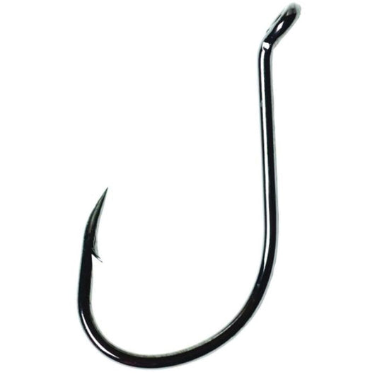 Shiny black fishing hook with a long shank and sharp, offset point.