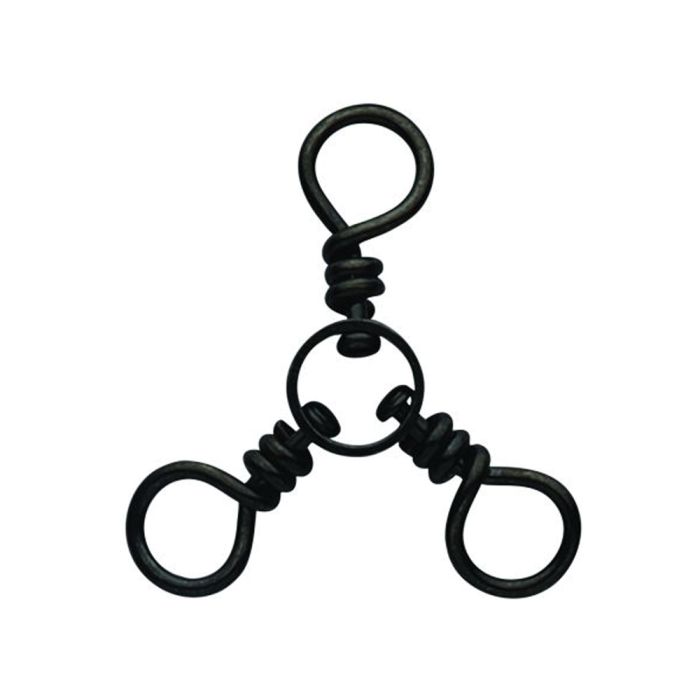 Matte black three-way fishing swivel with coiled metal arms.