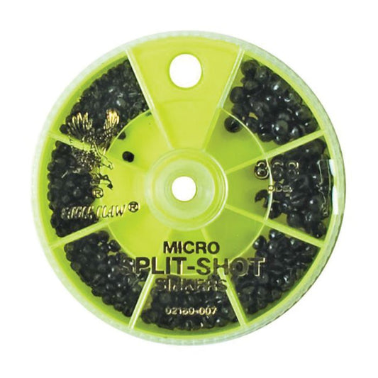 Round, lime green Eagle Claw container with dark micro split-shot sinkers.