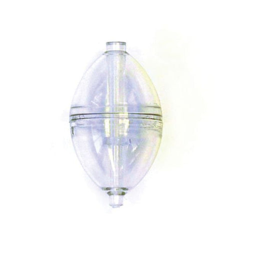Clear, oval plastic fishing float with openings at both ends.