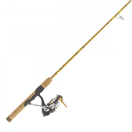 Light brown fishing rod with cork handle and black spinning reel.