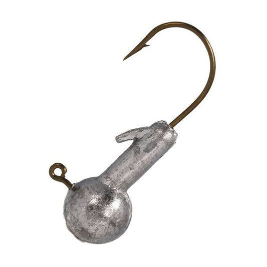 Dull silver ball head fishing jig with a bronze hook and eyelet.