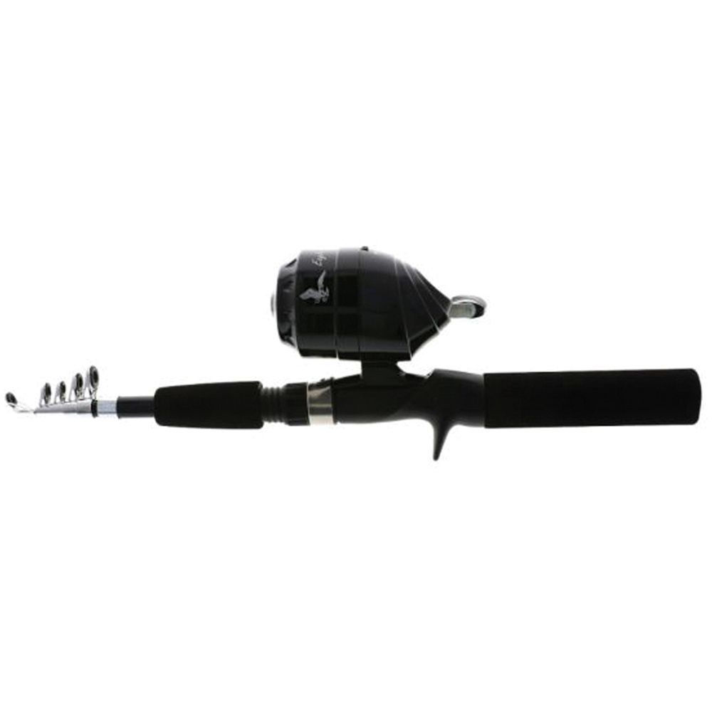 Black telescopic fishing rod with a spin cast reel and an eagle logo.