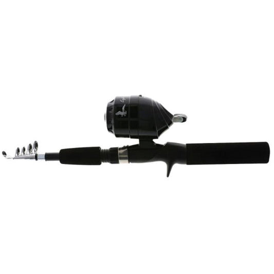 Black telescopic fishing rod with a spin cast reel and an eagle logo.