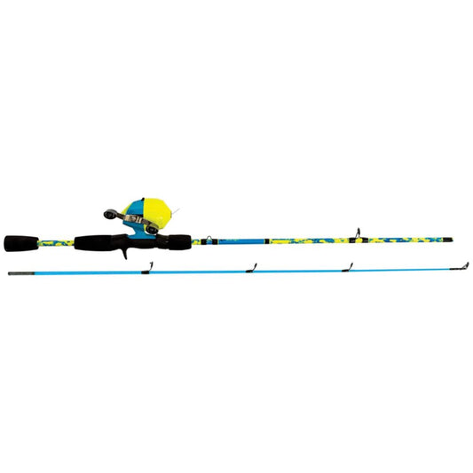 Vibrant blue and yellow two-piece fishing rod and reel.
