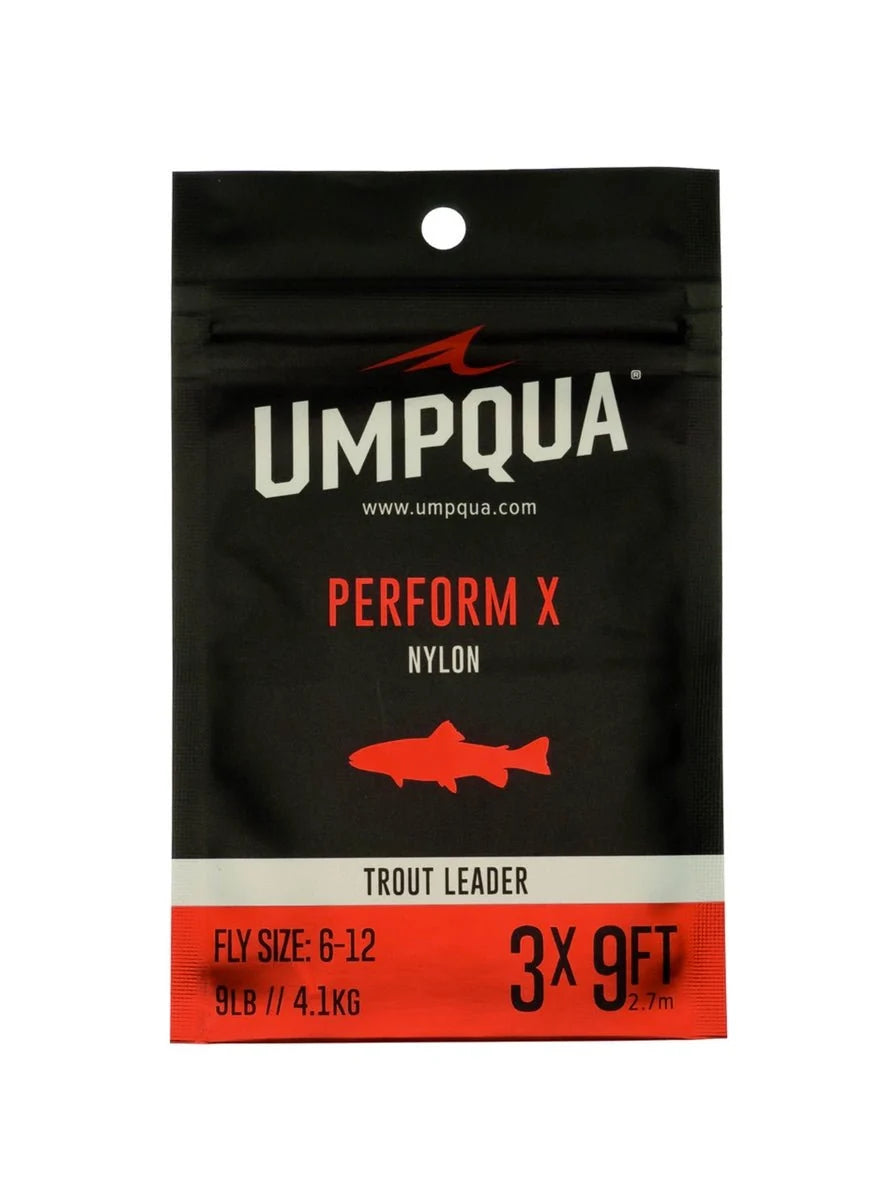 Black Umpqua Perform X Nylon Trout Leader package, 3X 9FT, with red fish logo.