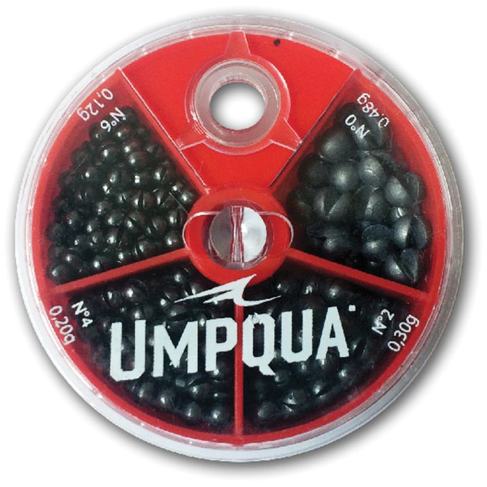 Red Umpqua 4-way split shot assortment with black weights in clear case.