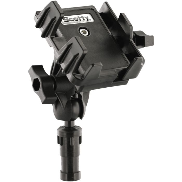 Angled view of a black Scotty phone holder with a post mount.