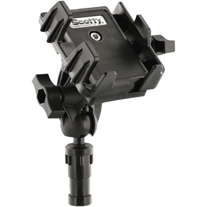 Angled view of a black Scotty phone holder with a post mount.