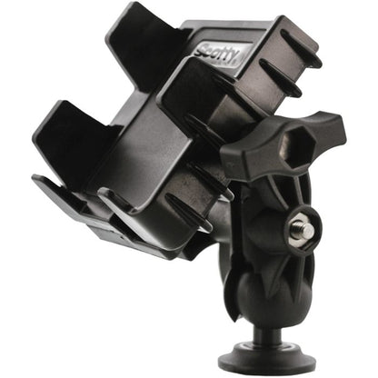 Angled view of a matte black Scotty phone holder with an adjustable mount.