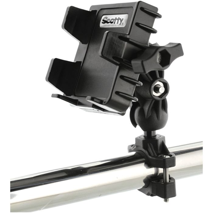 Black Scotty phone holder clamped onto a shiny silver rail.