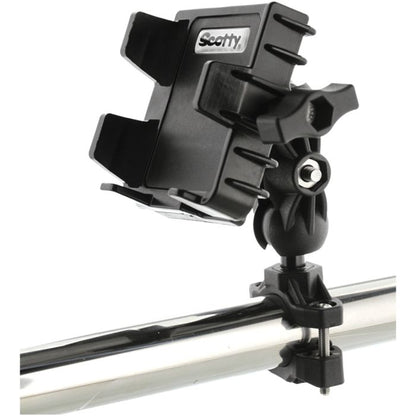 Black Scotty phone holder clamped onto a shiny silver rail.