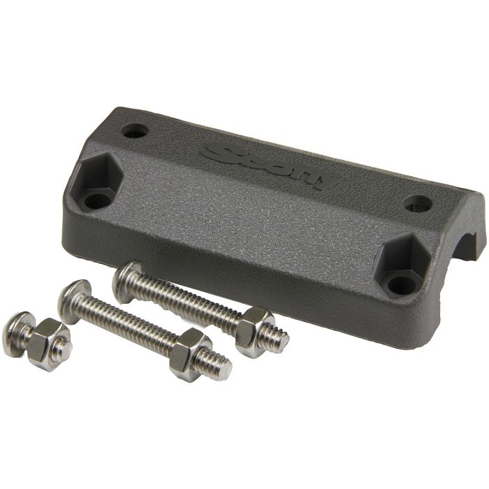 Dark gray textured Scotty rail mount adapter with three silver bolts.
