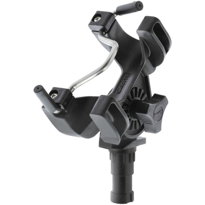 Black plastic Scotty R-5 universal rod holder with a shiny silver support bar.