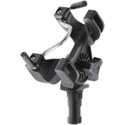 Black plastic Scotty R-5 universal rod holder with a shiny silver support bar.