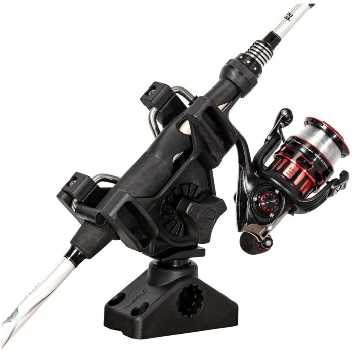 Angled black fishing rod holder with white rod and red-black reel.