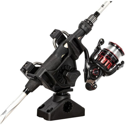 Angled black fishing rod holder with white rod and red-black reel.