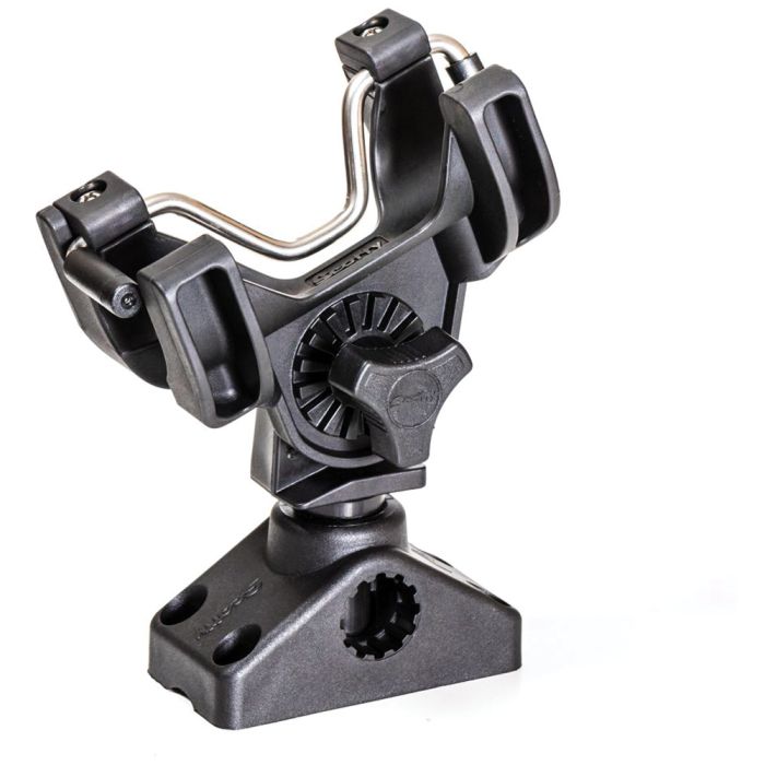 Black plastic adjustable fishing rod holder with a metal support and mounting base.