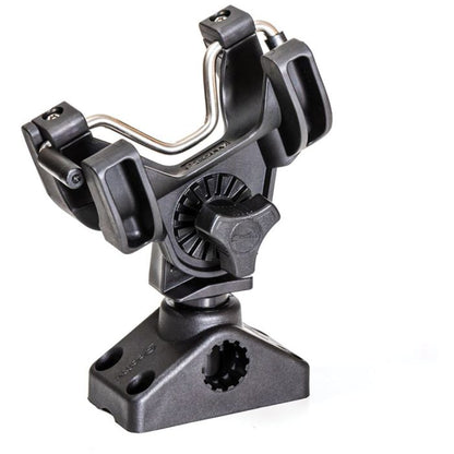 Black plastic adjustable fishing rod holder with a metal support and mounting base.