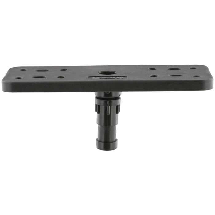 Black plastic rectangular fish finder mount with a cylindrical base and multiple holes.