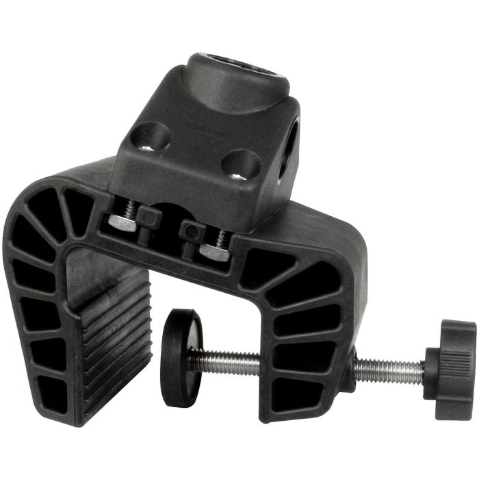 Black plastic C-clamp with a top attachment point and tightening knob.