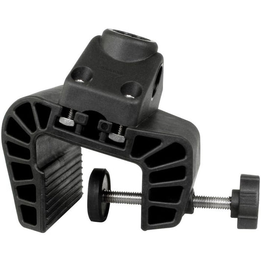 Black plastic C-clamp with a top attachment point and tightening knob.