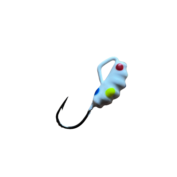 Fishing lure with colorful body and black hook on a white background