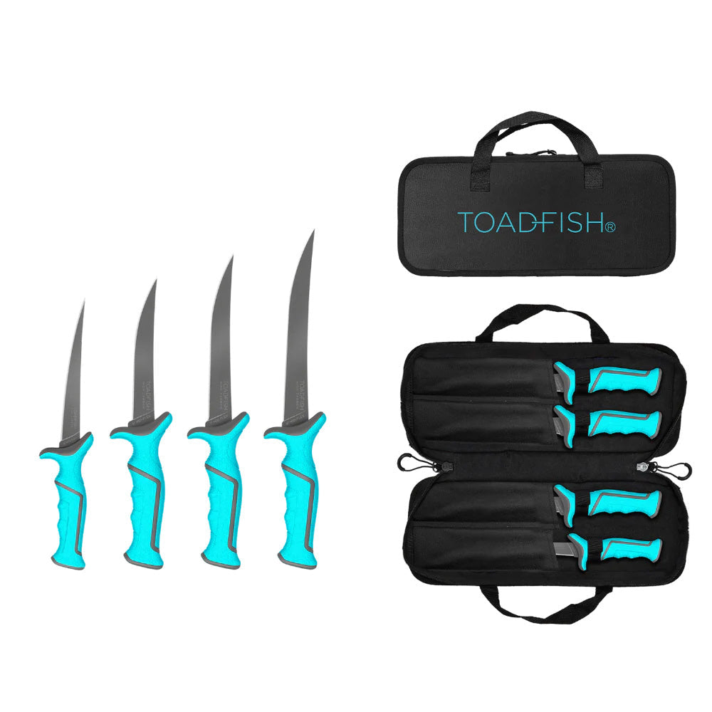 Toadfish Fixed Fillet Knife Set | 4 Knives | 5", 6", 7" & 8" | 8CR14 Steel + Titanium Coating | Non-Slip Grip | Zip-Up Carrying Case