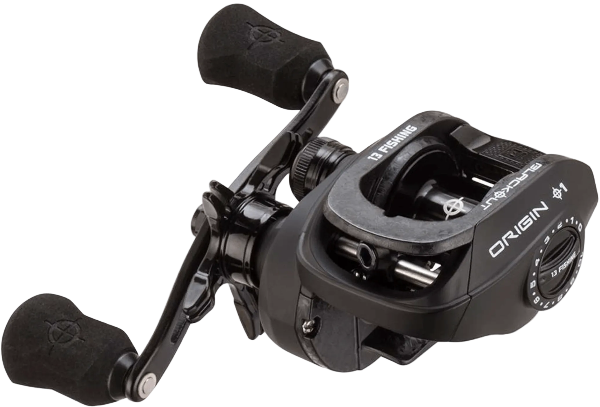 13 Fishing Origin 1 baitcasting fishing reel with black handle grips and black body, featuring white brand text on a white background.