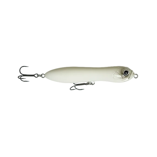A white hard bait fishing lure with black treble hooks and a realistic eye, shown against a white background with a Ghost brand logo in the bottom right corner.