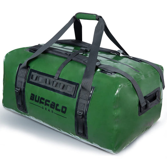 Green duffel bag with black straps and 'Buffalo Gear' branding on a white background