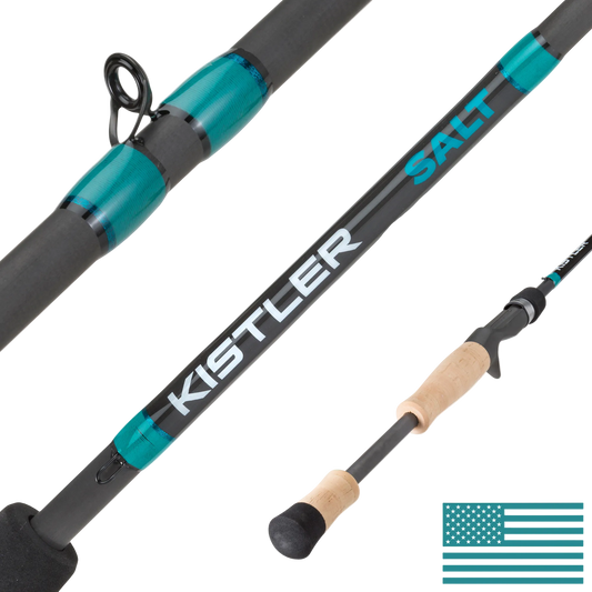 Kistler fishing rod with teal accents on a white background
