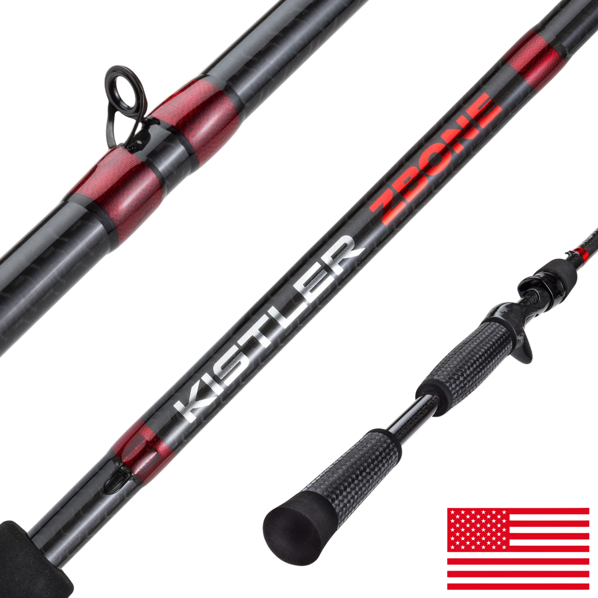 Close-up of a Kistler ZONE fishing rod showing the black and red carbon fiber shaft, line guide, textured handle, and a small American flag graphic in the bottom right corner.