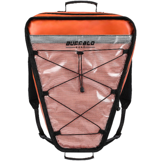 Orange and black backpack cooler mesh side panel on a white background